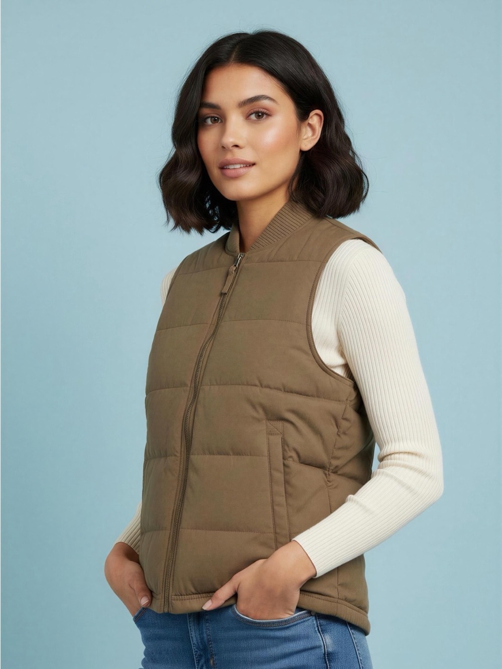 Merona Tan Quilted Puffer Vest with Ribbed Collar